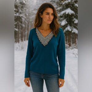 Blue V-Neck Sweater with Beaded Detail